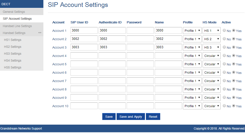 Grandstream DP752 base station web GUI, DECT → SIP Account Settings screen, showing the Account, SIP User ID, Authenticate ID, Password and Name columns