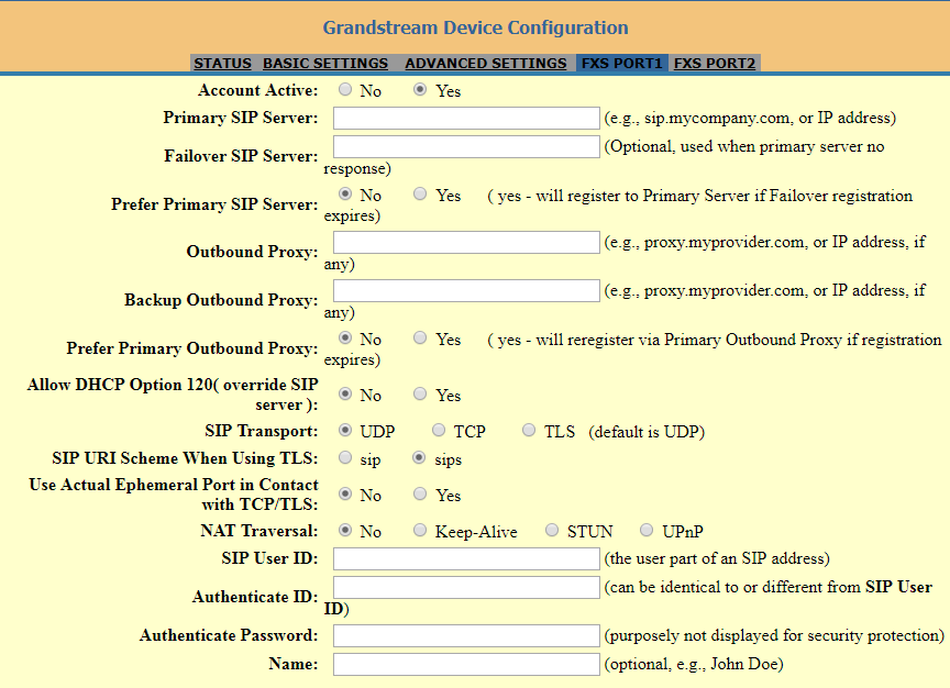 Grandstream HandyTone web interface, FXS Port tab, showing the Primary SIP Server, SIP User ID, Authenticate ID and Authenticate Password fields