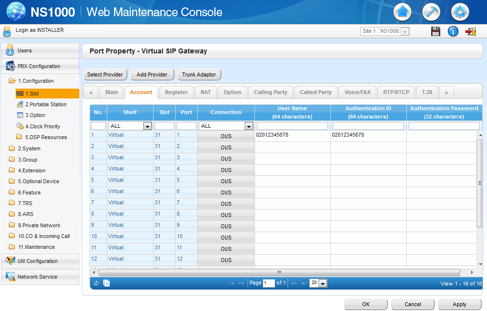 Panasonic NS1000 Web Maintenance Console, Port Property — Virtual SIP Gateway, Account tab, showing the User Name, Authentication ID and Authentication Password columns
