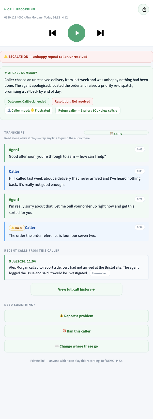 The transcribed player: play controls, escalation banner, AI summary, a timestamped read-along transcript with an accuracy check flag, recent calls from the caller, and report/ban/change-delivery actions.